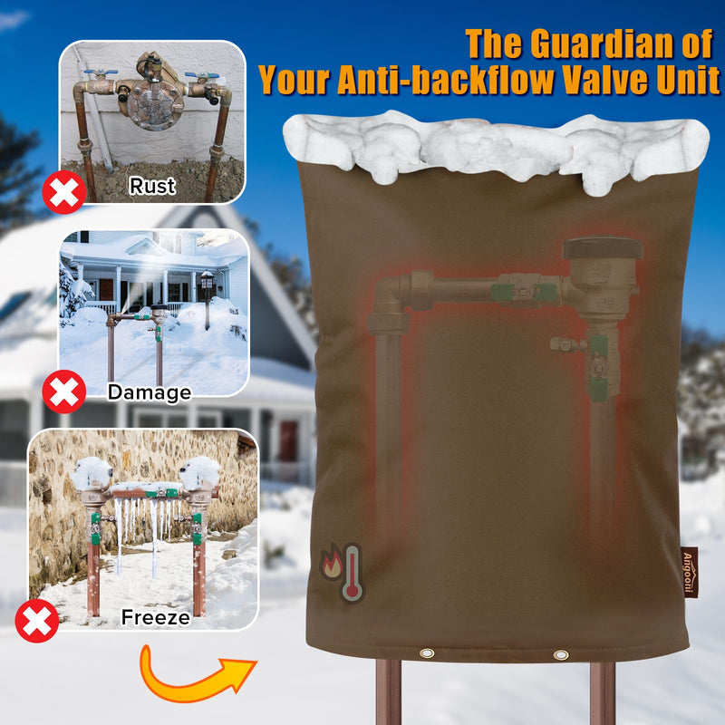 Upgraded Backflow Preventer Cover Aluminum Foil (5℉) - 14"W x 18"H Industrial 600D Winter Sprinkler Valve Covers for Outside, Anti-UV Winter-Freeze Water Well Pump Cover, Brown 14" W x 18" H