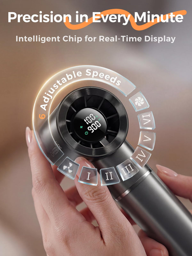 Handheld Portable Fan, 6-Speed Powerful Mini Personal Fan, Rechargeable 5000mAh Battery with Up to 15 Hours Runtime, Pocket Turbo Fan with Smart LED Display, Ideal for Travel, Camping, Makeup Black