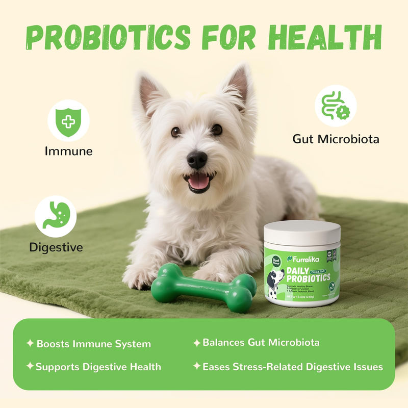 Furrolika 60 Count Probiotics Soft Chews – Made in The USA –Supplements for Gut Health, Digestive Support, Immune Support & Diarrhea Relief – Beef Flavor Dog Probiotic