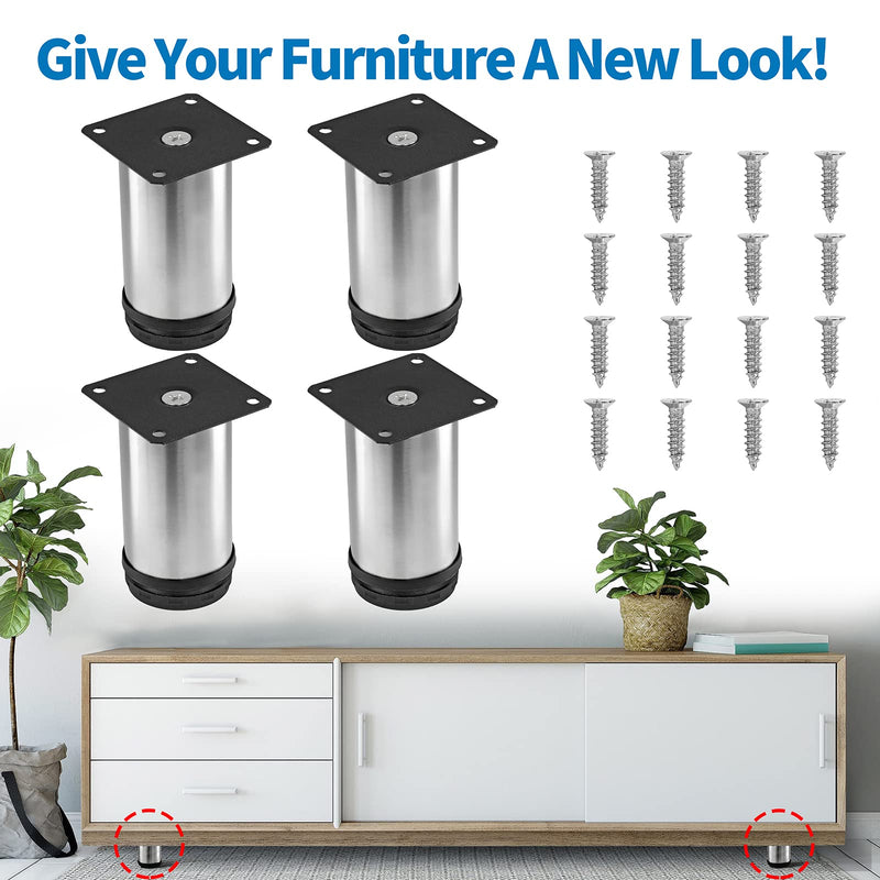 4 Inch Metal Furniture Legs Stainless Steel Adjustable Legs Silver Table Legs Round Cabinet Legs for Coffee Table Cabinet Desk Sofa Shelves, Pack of 4 4"