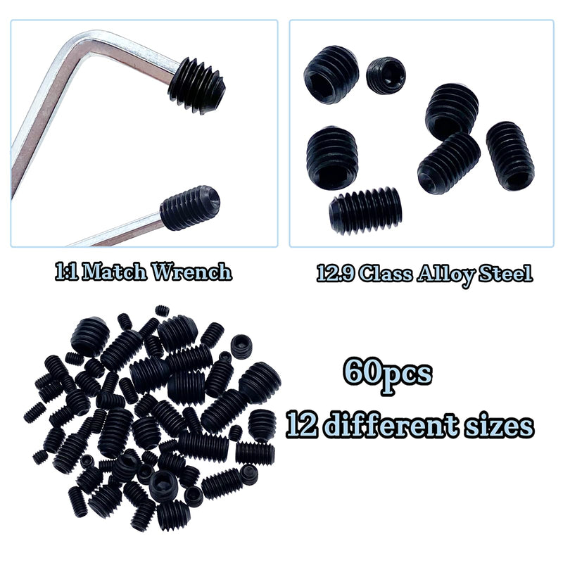 60pcs Set Screws, Set Screws Assortment Kit, Grub Screws M3 M4 M5 M6 M8 for Home Repair, Repair Furniture, Electronic Product, Install Door Lock, DIY, Fixtures, 12 Sizes 60pcs(12 Sizes)