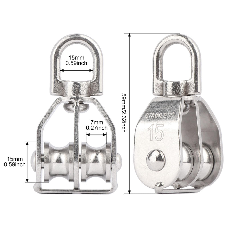 M15 Double Pulley Snatch Block Lifting Crane Swivel Hook, 304 Stainless Steel M15 (2PCS)