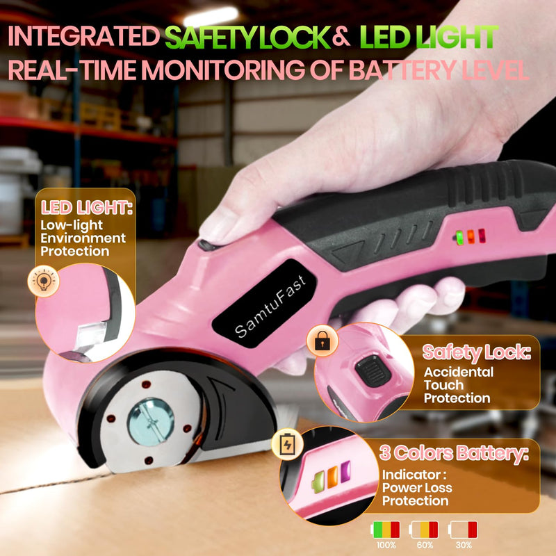 Cordless Electric Scissors, 4V Rechargeable Box Cutter Electric with Storage Box, 2 Blades, USB Charging Cable, Cardboard Cutter Electric for Cardboard Plastic Fabric Leather Carpet (Pink)