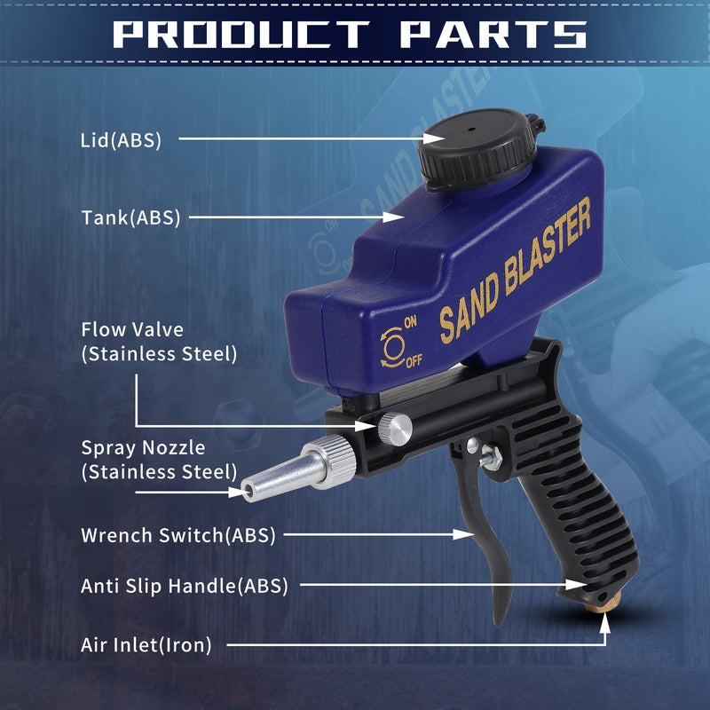 Sand Blaster Gun - Gravity Feed Sandblaster Gun for Metal, Wood Paint/Rust Removal and Glass Etching - Handheld Sand Blaster Gun for Air Compressor, Up to 70-150 PSI Blasting Media, Blue