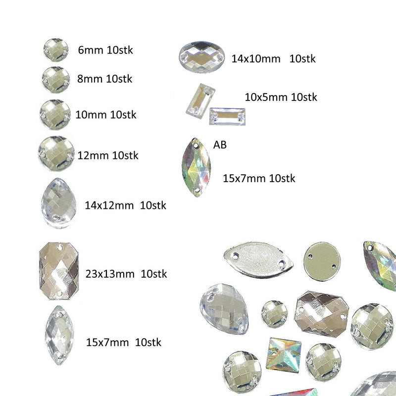 Perlin Rhinestone Gems for Sewing 2 Holes Buttons 100 Pieces Crystal Acrylic Stones Flat Back Faceted Mixed Shapes Set Crystal and Crystal AB Sewing Buttons