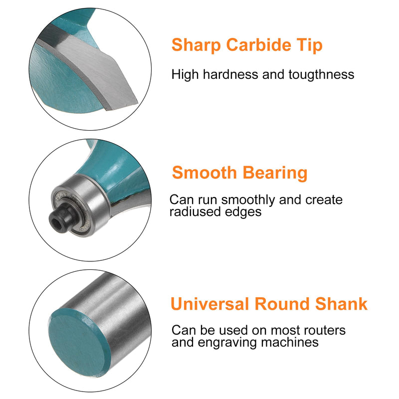 HARFINGTON 2pcs Roundover Router Bit 1/2 Shank 7/8" Radius Carbide Tipped Edge Rounding Over Bit with Bearing Guide, Woodworking Milling Tool, Cyan 1/2" Shank x 7/8" Radius 2