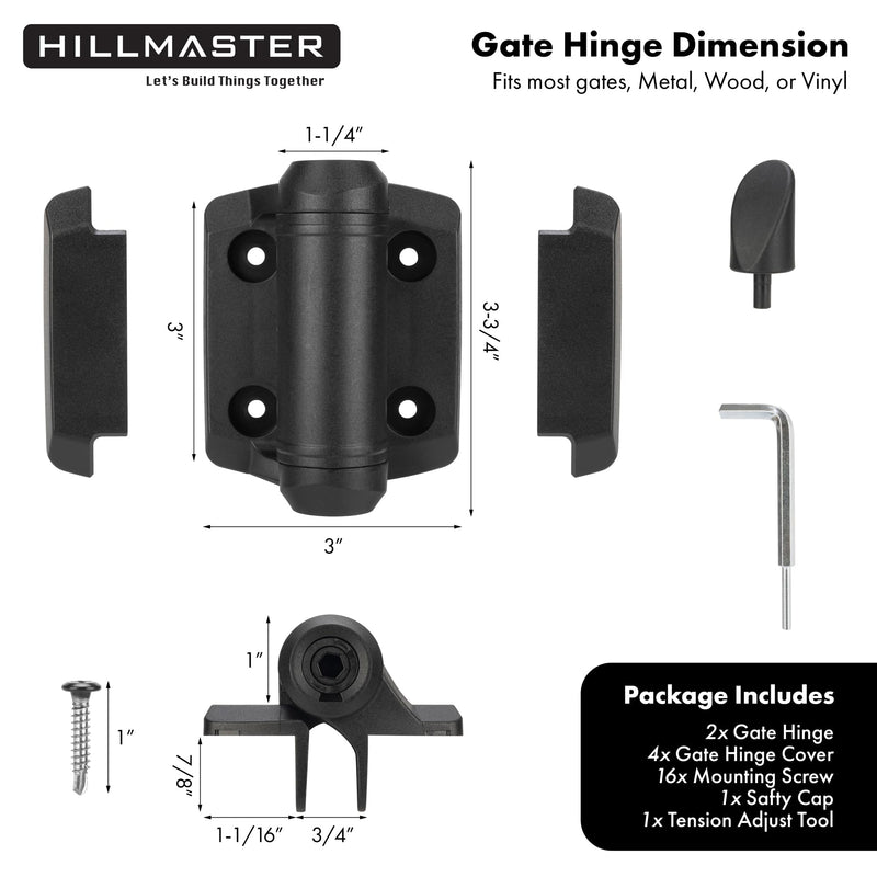 Heavy Duty Self Closing Gate Hinges with Safety Cap,Pool Gate Hinges with Alignment Legs No Rust and Adjustable Fence Hinges Kit for Outdoor Metal Gate,Vinyl Gates,Wood Gate,Black,2 Count