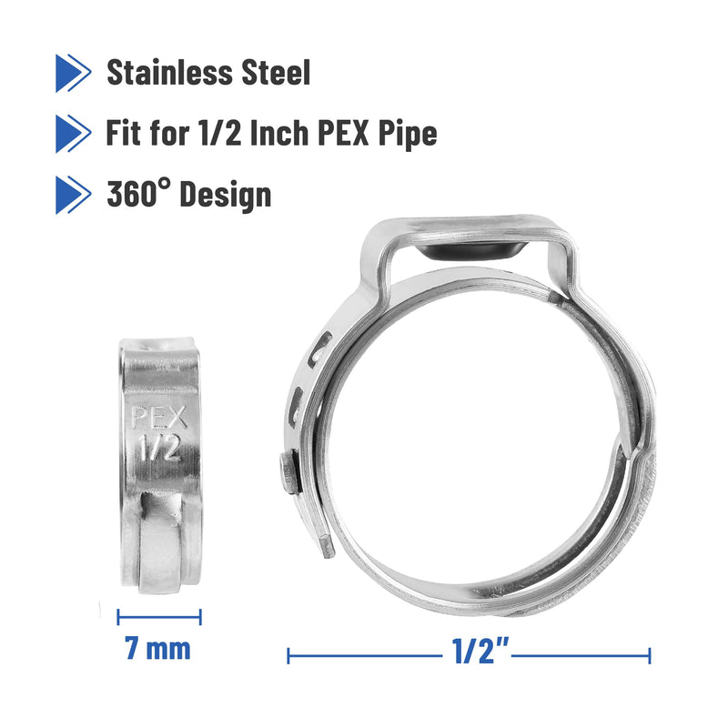 Bates- PEX Cinch Clamp Rings, 1/2", 50 Pack, Stainless Steel, 1/2 Pex Clamp, Pex Pipe Clamps, 1/2 Pex Crimp Ring, 1/2 Pex Clamps, 1/2 inch Pex Crimp Rings, Pex Clamps 1/2 inch, Pex 1/2 Crimp Rings