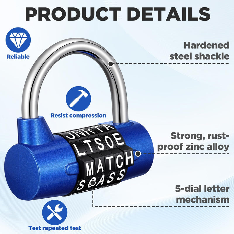 4 Pack 5 Letter Combination Lock - Keyless Resettable Word Padlocks for Gym Lockers, Toolboxes, Cabinets & Hasp - Heavy Duty Zinc Alloy, 5 Digit Combo (Black, Silver, Red, Blue)