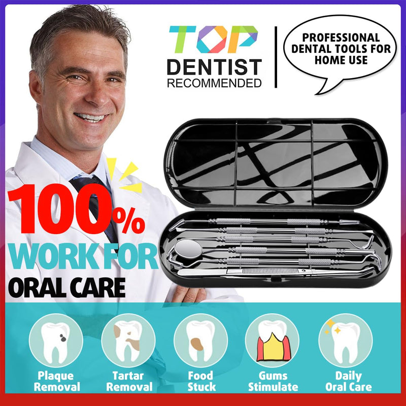 Antonki Dental Cleaning Tools, Dental Hygiene Kit, Teeth Cleaning Tools, Metal Dental Picks, Plaque Remover for Teeth, Stainless Steel Professional Tooth Tartar Scraper for Home Use - with Case Pro Dental Tools w/ Carrying Box - Classic Black