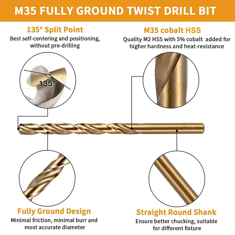 13/64 Inch Cobalt Drill Bit Set, M35 Jobber Length Twist Drill Bits,Suitable for Drilling in Hard Metal, Stainless Steel, Cast Iron,10 Pieces 13/64"(10pcs)