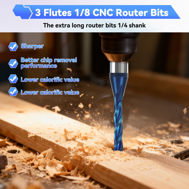 CNC Router Bit 1/8" Cutting Dia 1/4" Shank 3-Flute Extra Long End Mills | Upcut Spiral Solid Carbide End Mill with Blue Nano Coating for Wood, PVC, Aluminum PVC Engraving, 2PCS