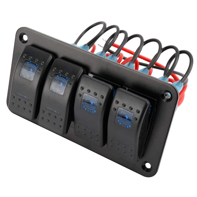 Amarine Made 12-24V Boat Switch Panel Illuminated Rocker Switch Aluminum Pre-wired Panel 2,3,4,5,6,8 Gang Toggle Switches Dash 5 Pin ON/Off 2 LED Backlit for Bus Boat Car Marine Blue LED IP65 (4 Gang)