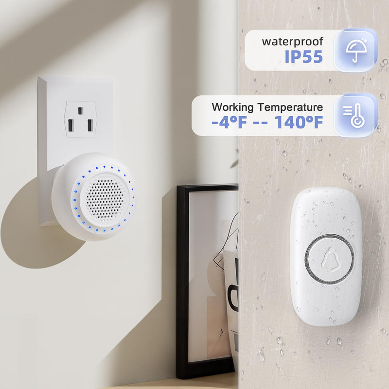 Wireless Doorbell • PHYSEN • Doorbell Chime Kits with 1 Transmitter 1 Receiver • Waterproof • Operating at 1000ft Range • 32 Ringtones • 5 Volume Levels • LED Flash • Door Bell for Home Classroom 1 Button+1 Receiver