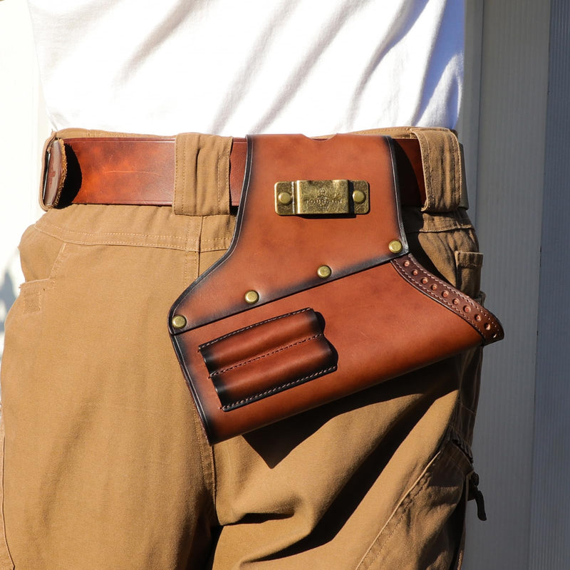 4-in-1 Leather Logging Tools Pouch-Axe Carry Belt Holster-Tape Measure Clip | Full-grain Leather, Organization for Axe, Tape Measure, Flat File Awl Tools,Slanted Design, Quick Access, for Camper Logger