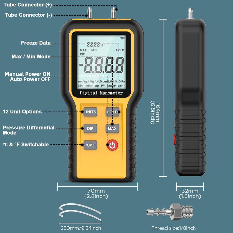 Manometer, Professional Air Pressure Meter, Dual-Port HVAC Digital Manometer Gas Pressure Tester,12 Selectable Units Differential Pressure Gauge