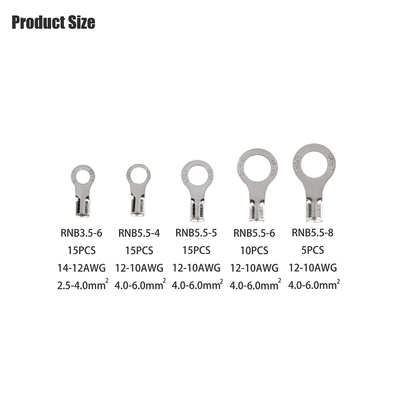 250pcs Non-Insulated Ring Terminals, Copper Ring Connectors Terminals, AWG22-16 16-14 14-12 12-10 Crimp Ring End Terminal, Electric Wire Connectors, Tin-Plated Wire Lugs Battery