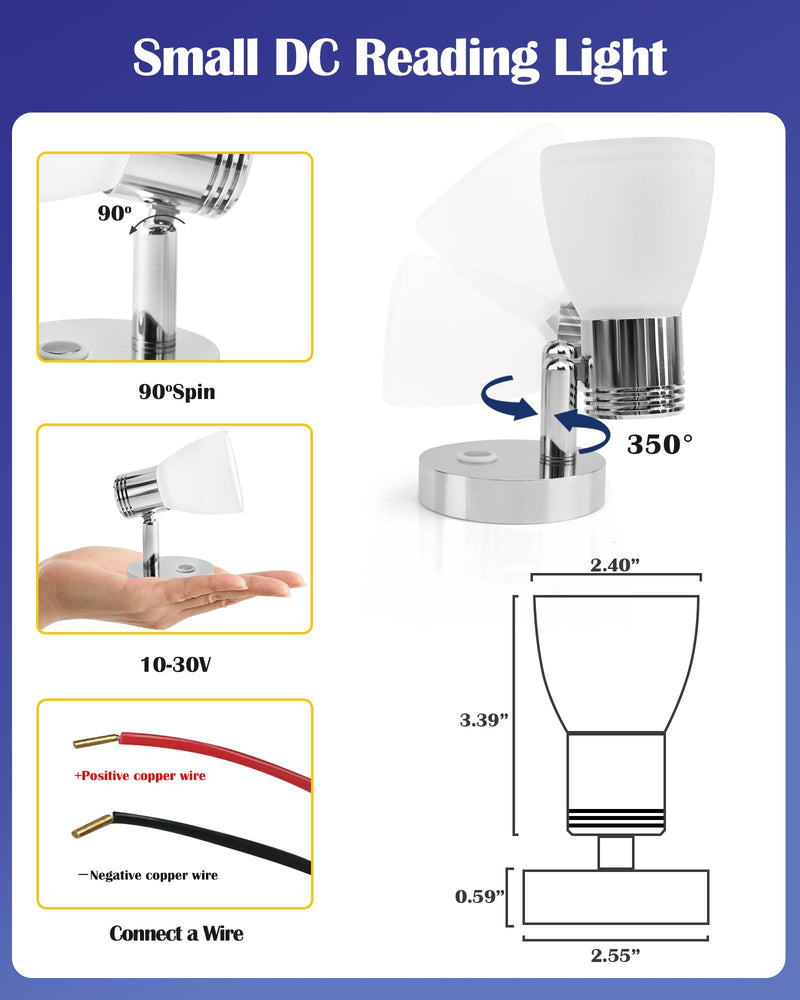 THALASSA Boat Reading Light 12V Interior LED Fixtures RV Reading Lamp Wall Sconce for Marine Caravan Camper Van Motorhome Indoor Lighting with Built-in Touch Dimmer Switch Polished Finish