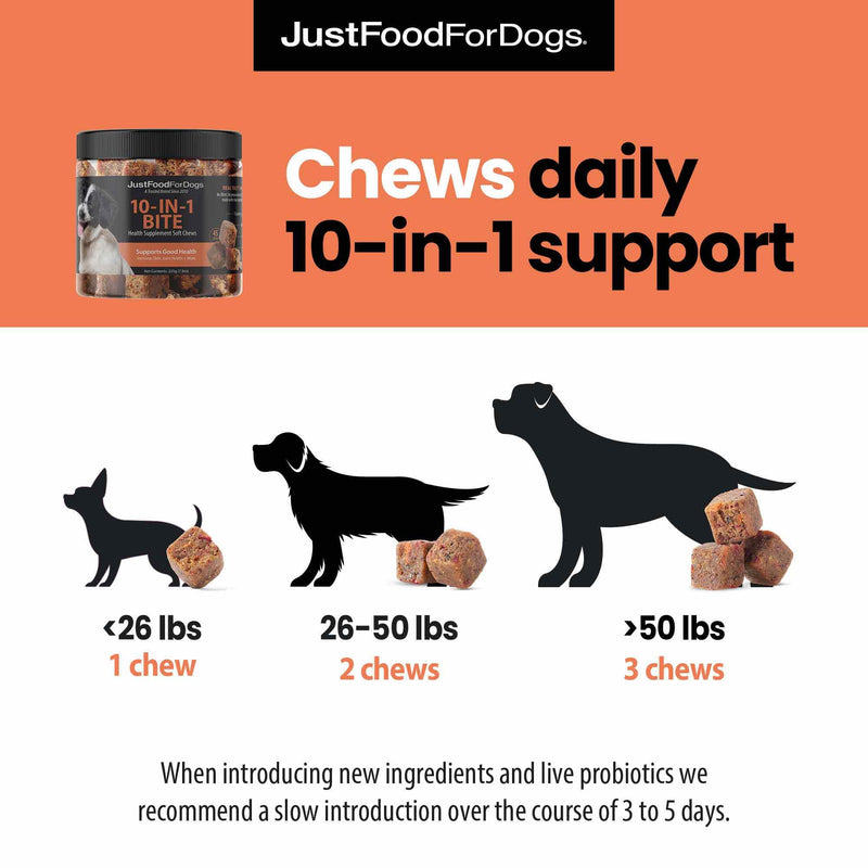 JustFoodForDogs 10-in-1 Supplement for Dogs, Human Grade Dog Supplements, Multivitamin Soft Chews, Immune, Skin and Joint Support, Omega 3 Oil, Superfood Blend, Plant Based Dog Vitamins - 45 Count 10-in-1 Bite