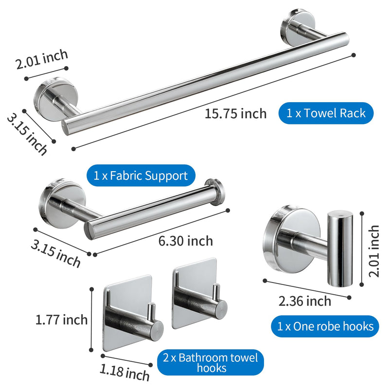Chromed Bathroom Hardware Set, 5 Pieces Bathroom Accessories Set,SUS304 Stainless Steel 16 Inch Bath Towel Bar Set Wall Mounted,Robe Towel Hooks, Toilet Paper Holder,Towel Racks for Bathroom SP-60008 Chromed
