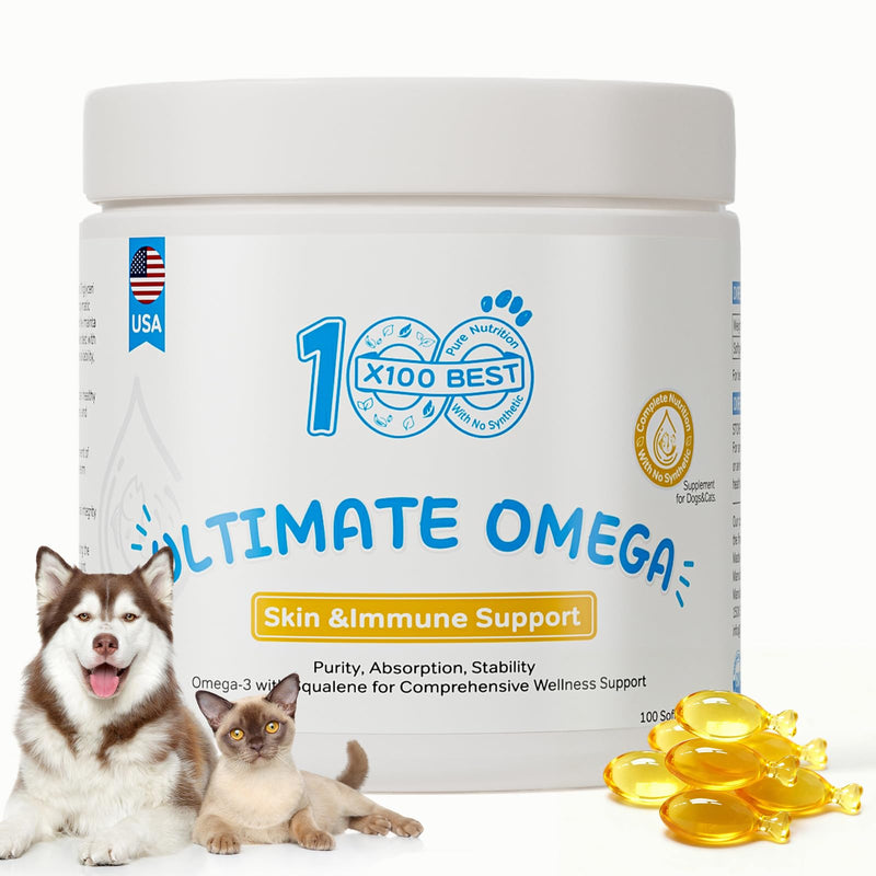 Omega-3 Fish Oil for Dogs & Cats - 95% High Purity rTG with Phytosqualene - Rich in EPA & DHA - Supports Skin Allergy & Itch Relief, Joint & Heart Health - Made in USA - 100 Softgels