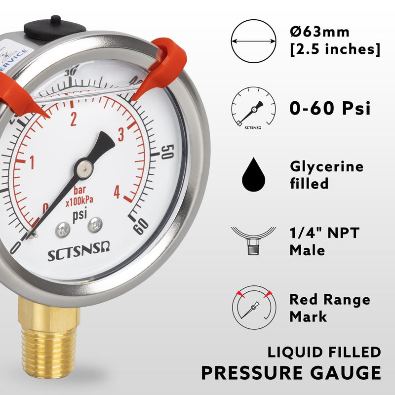 0 to 60 Psi Pressure Gauge, Glycerin Liquid Filled, 2.5 inch Dial, 1/4" NPT Lower Mount, Stainless Steel Case, for Pool Sand Filter, Water Pump, Propane, Coolant, CO2, Gas, Low Pressure Test 0-60 Psi