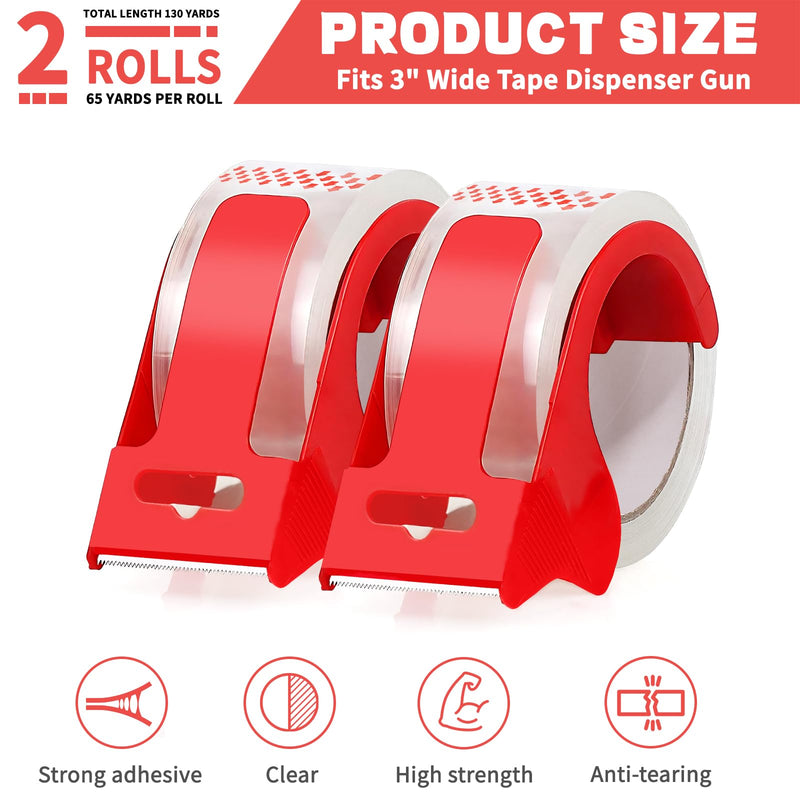 2 Rolls Clear Packing Tape with 2 refillable Dispenser, Heavy Duty Packaging Tape 1.88 Inches x 55 Yards, Strong Adhesive Packaging Tape for Moving Boxes, Shipping, Mailing, Office and Storage