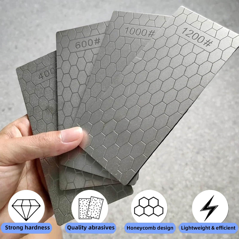 Diamond Sharpening Stone, Honeycomb Surface Plate with Non-slip Base for Pocket Knives Scissors (240/400/600/800/1000/1200/1500/2000/3000 Grit, with Angle Guide and Leather) SET-E
