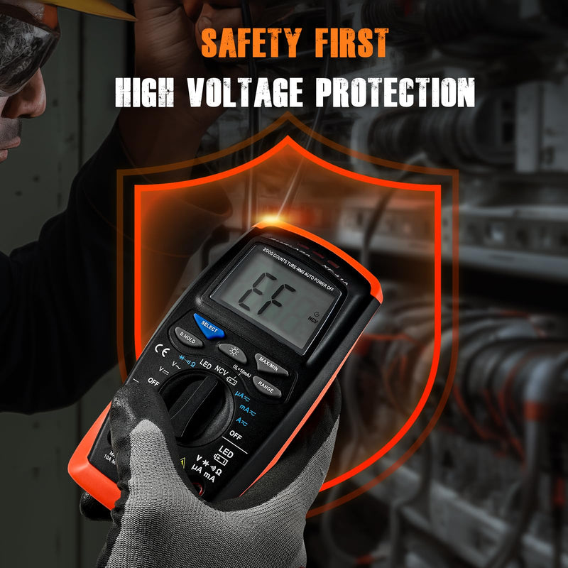 Multimeter Voltage Tester, 2000 Counts Digital Multimeter Measure with DC AC Voltmeter and Ohm Volt Amp Meter, Measures Voltage, Current, Resistance; Tests Live Wire, Continuity, Resistance 41A-O