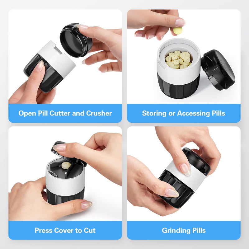 DEPAD 3-in-1 Pill Crusher and Pill Cutter, Pills Crusher Fine Powder with Stainless Steel Grinding Head, Pil Grinder with Storage for Tablets, Cutter Splitter for Small and Tiny Pills Black