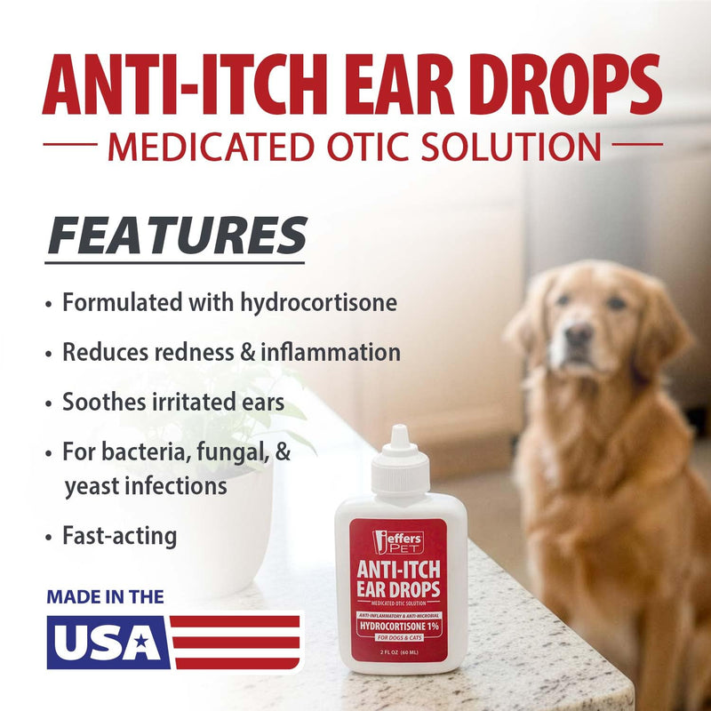 Jeffers Anti-Itch Ear Drops for Dogs & Cats, 2 fl oz -1% Hydrocortisone Otic Solution, Soothes Itchy Ears, Supports Ear Comfort & Hygiene, Clean & Refreshes, Safe for Puppies, Kittens, Adult Pet