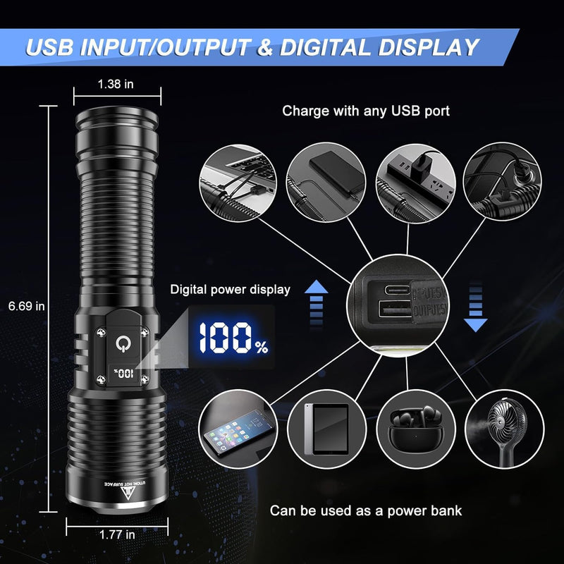 WINDFIRE Flashlights High Lumens Rechargeable, Super Bright LED Flashlight, Powerful Tactical Flashlights, Brightest Waterproof Zoomable Handheld Flash Light High Powered for Camping Emergencies L-8066
