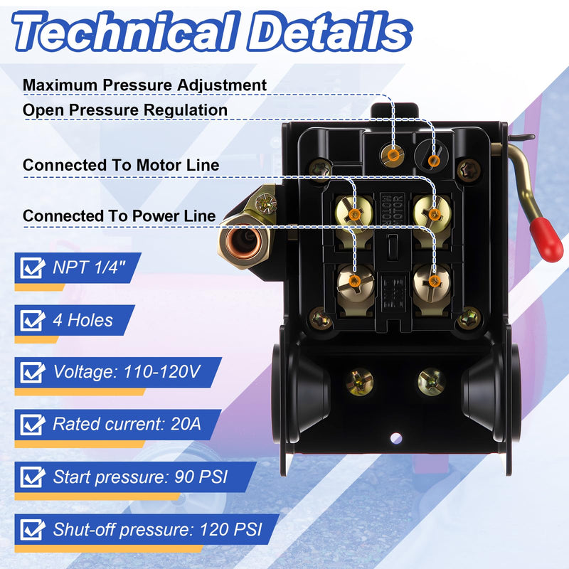Dreyoo Air Compressor Pressure Switch 90-120 4-Port 20 Amp with 0-200 PSI Gauge and 200 PSI Safety Relief Valve, 1/4" NPT Replacement Pressure Switch Parts for Air Compressor 90-120 PSI