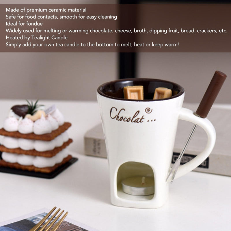 Chocolate Fondue Mug, Premium Ceramic Tealight Candle Heated Melting Cup with Fork for Dessert Parties Romantic Dinners Family Gatherings White 4.7 Inches