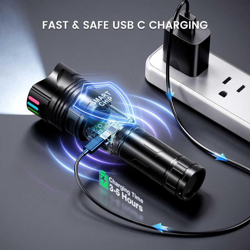 Super Bright Flashlight 100000 High Lumens Rechargeable,Powerful Long Distance 3280ft Strong LED Flash Lights,Long Lasting 10H LCD Digital USB Discharging Function,Focus & Brightness Adjustable 29 Watt Hours
