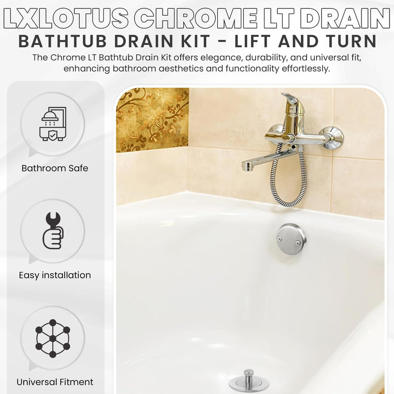 Chrome Bathtub Drain Kit, Lift and Turn - Polished Chrome Tub Drain and Overflow Drain Cover, Plug and Kit for Universal Fit 1-3/8" and 1-1/2" Drains