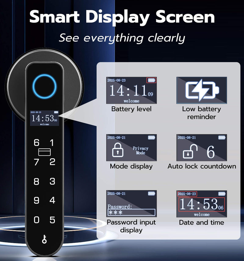 Anweller H1 Fingerprint Door Handle Lock, Smart Keyless Entry Door Knob Lock, Door Lever Locks for Bedroom, Bluetooth App Control Doorknob, Display Screen, RFID Card, Code Keypad - Black