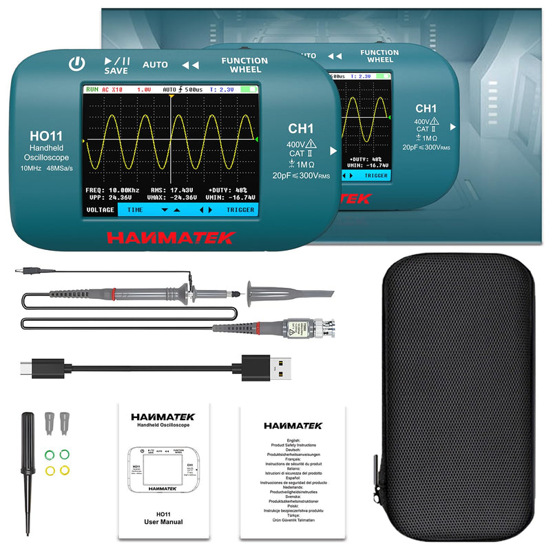 HANMATEK HO11 Handheld Digital Oscilloscope - 10MHz Bandwidth, 48MSa/s High-Precision Sampling, 2.8" TFT Display, USB Rechargeable, Advanced Trigger System, Portable for Fieldwork Professional 10 Mhz