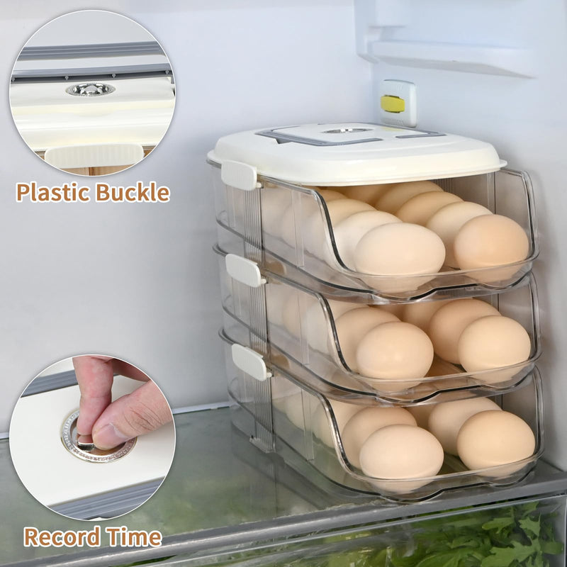 Egg Dispenser for Refrigerator, 3-Layer Clear Plastic Egg Holder Adopt Transparent PET Material & Hidden Handle Design – Egg Organizer for Refrigerator with Cover Lock Buckle (Capacity of 42 Eggs) Capacity of 42 Eggs