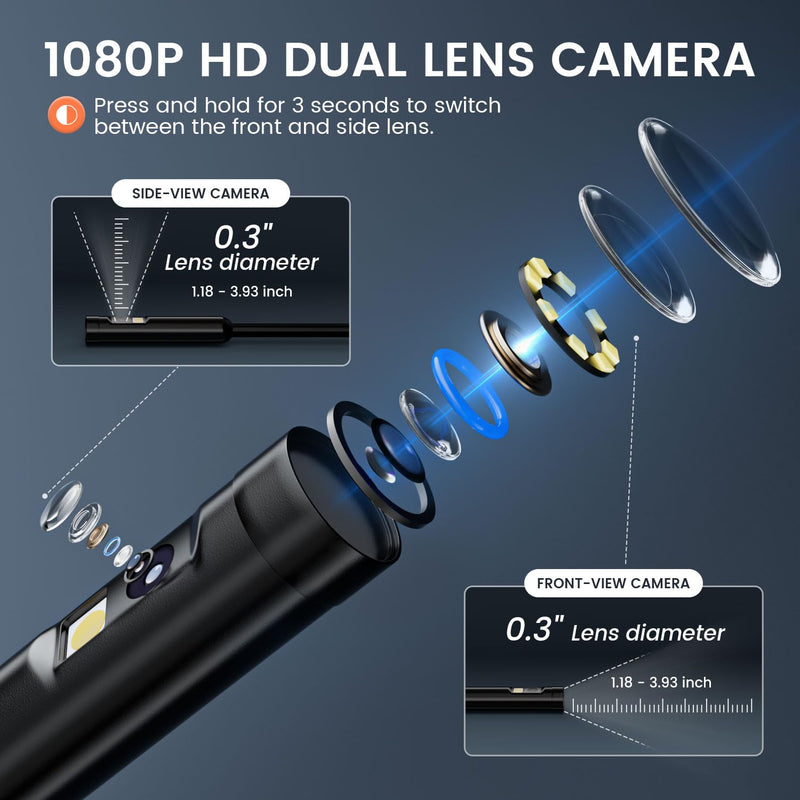 Endoscope Camera with Light: Borescope Inspection Camera - Dual Lens Industrial Endoscope Camera - 1080P HD Flexible Waterproof Bore Scope for Plumbing Automotive Sewer Orange