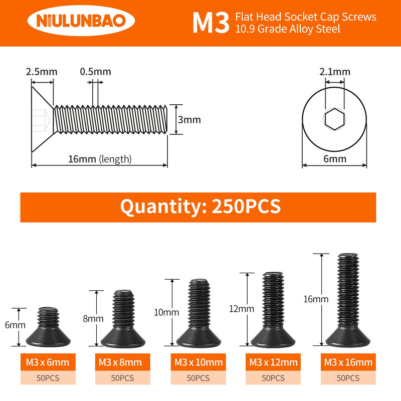 M3 x 6mm 8mm 10mm 12mm 16mm Flat Head Socket Cap Screws Countersunk Bolts, 10.9 Grade Alloy Steel, Black Oxide Finish, Metric Allen Hex Drive, Fully Threaded, Assortment Kit 250PCS M3 x 6/8/10/12/16mm(250PCS)