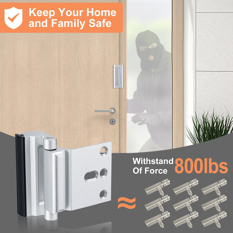 2 Pack Home Security Door Lock,Childproof Door Reinforcement Lock,with 3" Stop Withstand 800 lbs,for Inward Swing Doors,Night Kids Safety Metal Flip Lock Deadbolt Latch (Silver) 2Pack-Silver