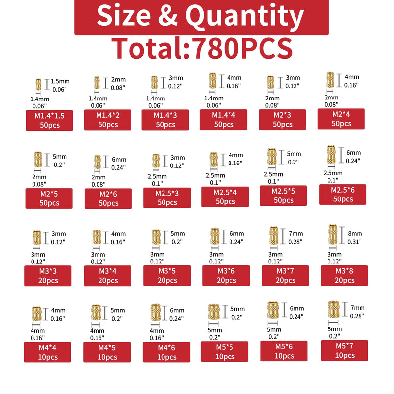 780pcs Brass Threaded Insert Nuts Kit - M1.4 to M5 (6 Sizes) for 3D Printing, Injection Molding & Hydraulic Welding - Female Embedment Nuts 780pcs Kit