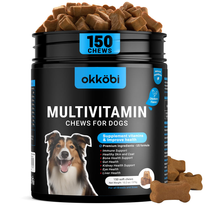 Dog Vitamins and Supplements Multivitamin Chewable 150 pcs with Wild Alaskan Salmon Oil for Dogs & Cats 8.5 oz - Omega 3, Glucosamine & Probiotics for Skin & Joint Support