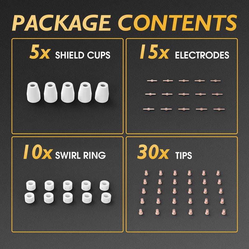 TOOLIOM 60Pcs Plasma Cutter Torch Consumables PT31 Accessories Electrode Tips Nozzles Cups Kit Fit TL-CUT-50, TL-MCT520, TL-CT520D with Plasma Cutting Torch PT31 LG40 PT31-60Pcs