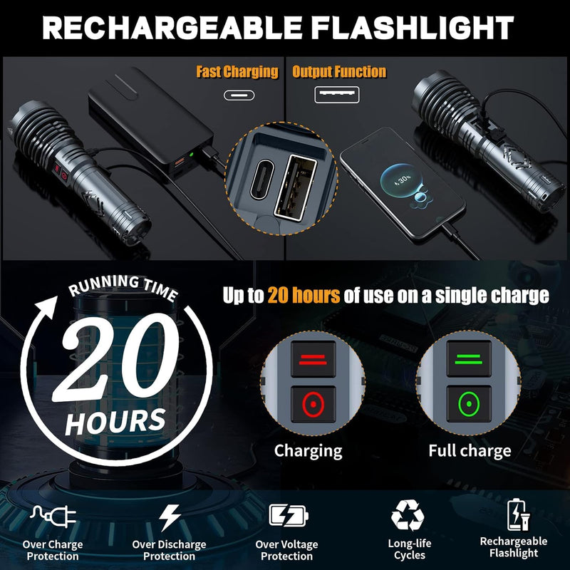 [24H Long Life] High Power 155,000 Lumens Rechargeable Flashlights, Super Bright Tactical Flashlight with 1200m Ultra-Long Beam, XHP160.6 LED Light for Emergency, Camping, Gifting