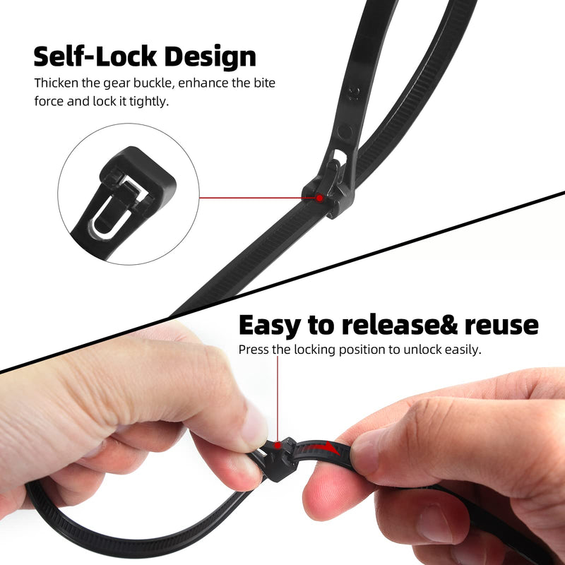 100Pcs Heavy Duty Industrial Zip Toes Releasable 8 Inch Black Tie Wraps Adjustable Tie wrap Reusable Zip Toes Tie Straps For Garden Plant Secure Vine, Home Office Use Reusable 8Inch 100Pcs
