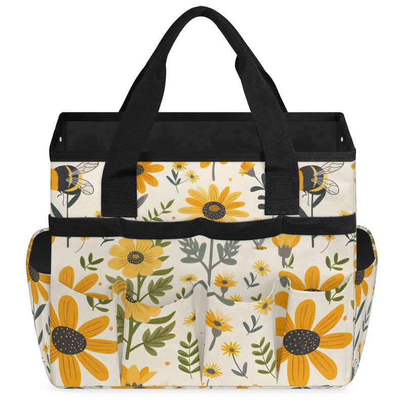 Bee Flower Garden Tool Bag for Women Waterproof & Reusable Heavy Duty Gardening Tote Storage Organizer Toiletry Bag with 10 Pockets for Garden Lawn Yard Casual Camp Bee Flower