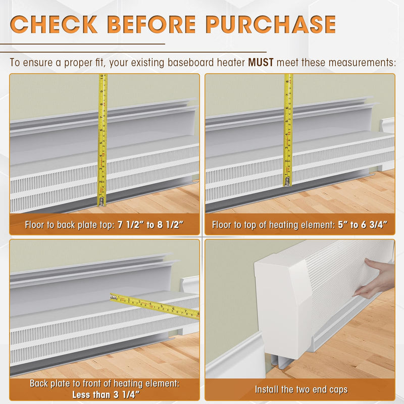 3ft Steel Easy Slip-On Baseboard Heater Cover with End Caps for Bathroom & Hydronic System for Replacing Old Cover, White 3ft （With End Caps）
