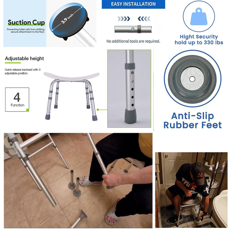 Universal Foot Tube and Suction Cup Tips for Toilet Safety Rail, Shower Chair, and Bath Bench - 5 Adjustable Heights, Replacement Suction Cup Tips and Aluminum Tubes, Easy Install, 2 Pack